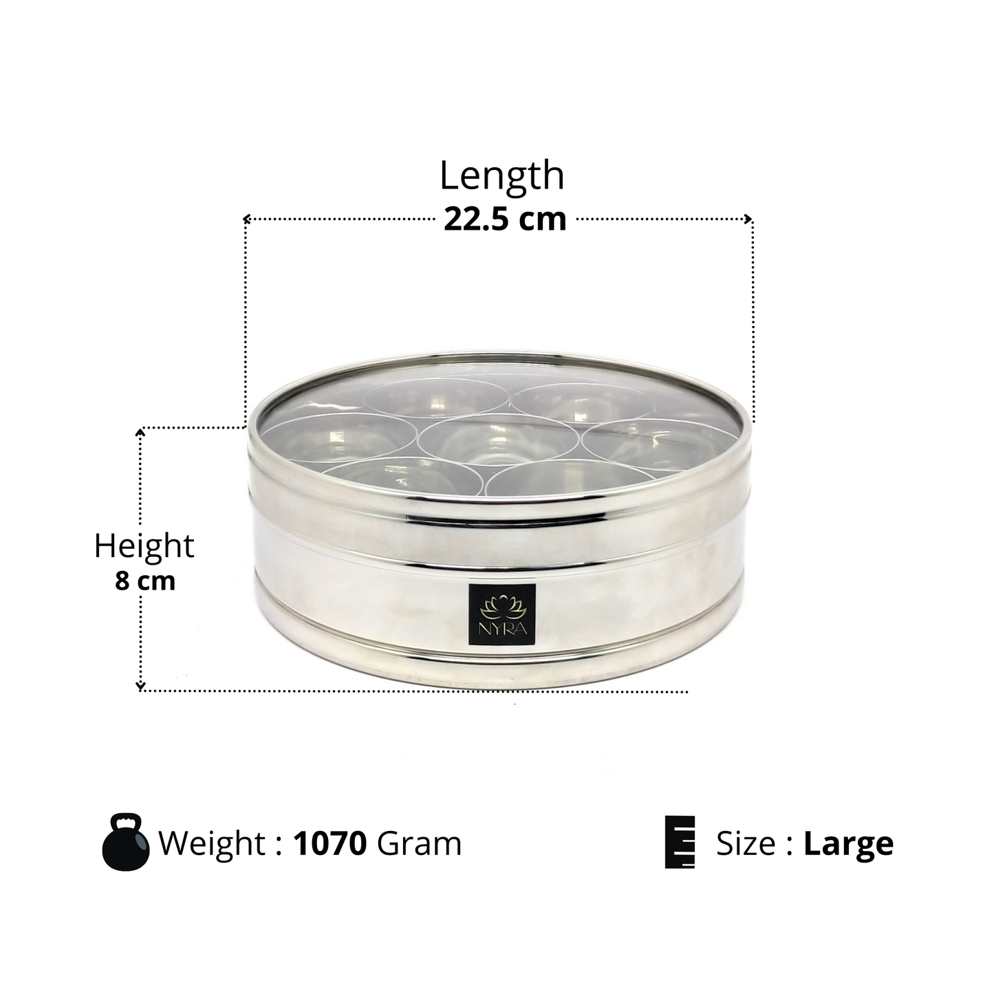 Nyra Stainless Steel Masaldani/Spice Box With See-Through Lid with 7 storing bowls