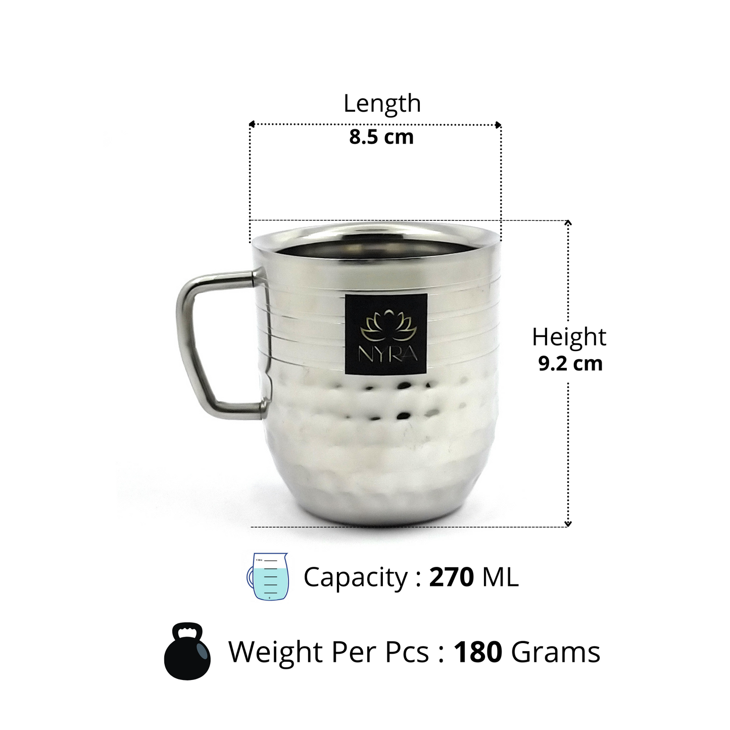 Stainless-Steel Cups with Glossy Finish/Hammered and Ringer Design Mugs Set of 2pcs.