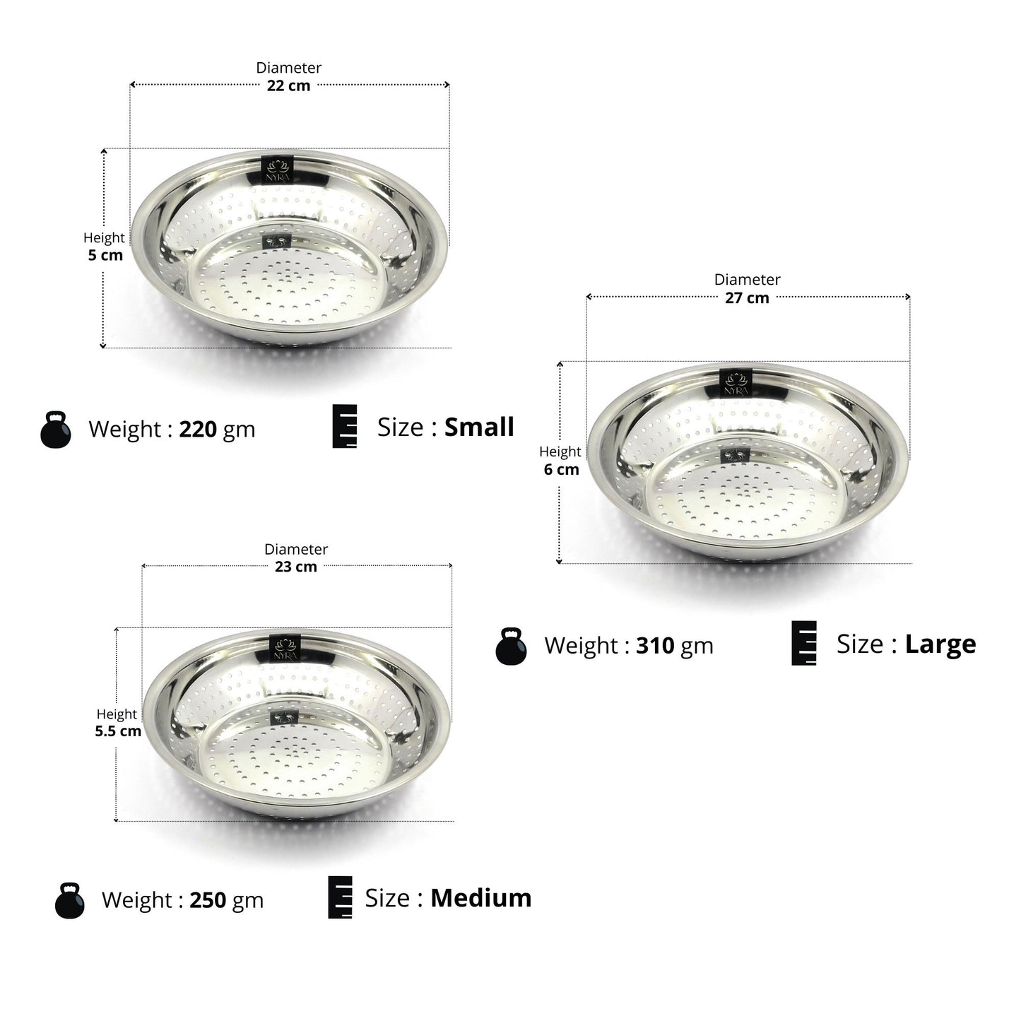 different sizes of Stainless Steel Strainer/Rice/Chawal Chalni