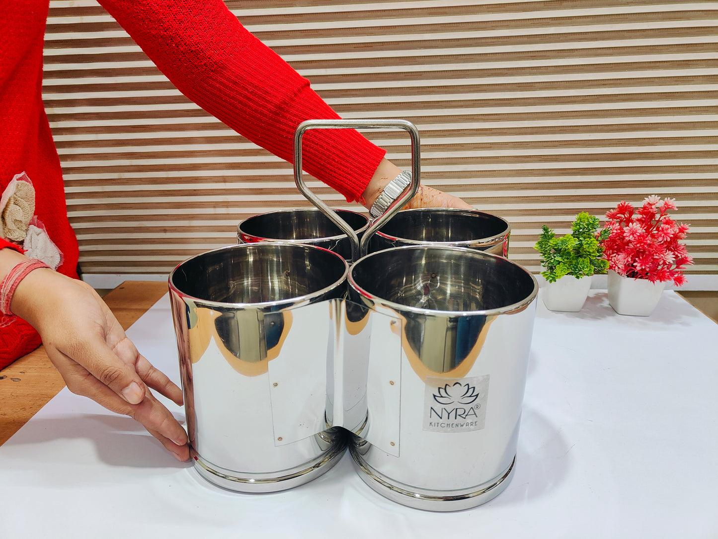 Stainless Steel Chougadha | Chaumukha Vegetable Holder with Handle – Premium 2, 3, 4 Container