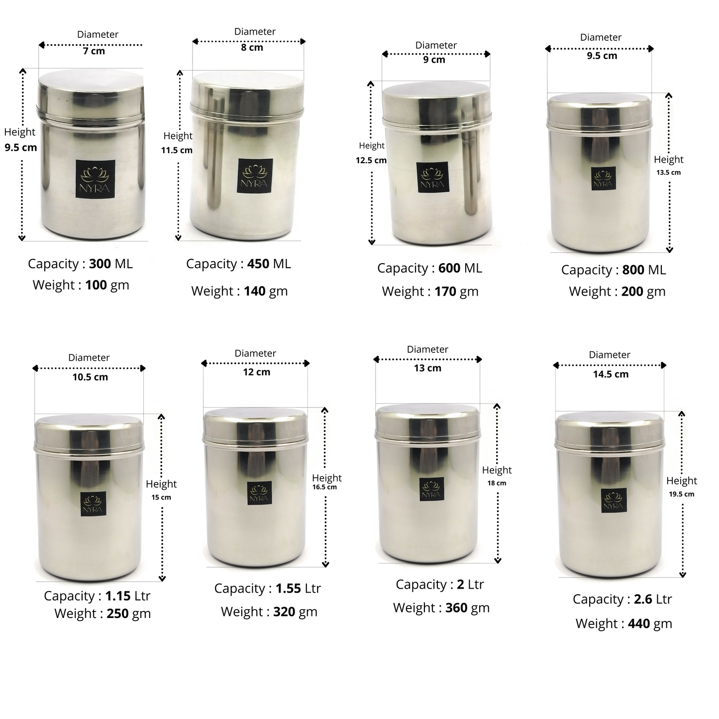 dimensions of different sizes of Stainless Steel Cylindrical Deep Storage Containers