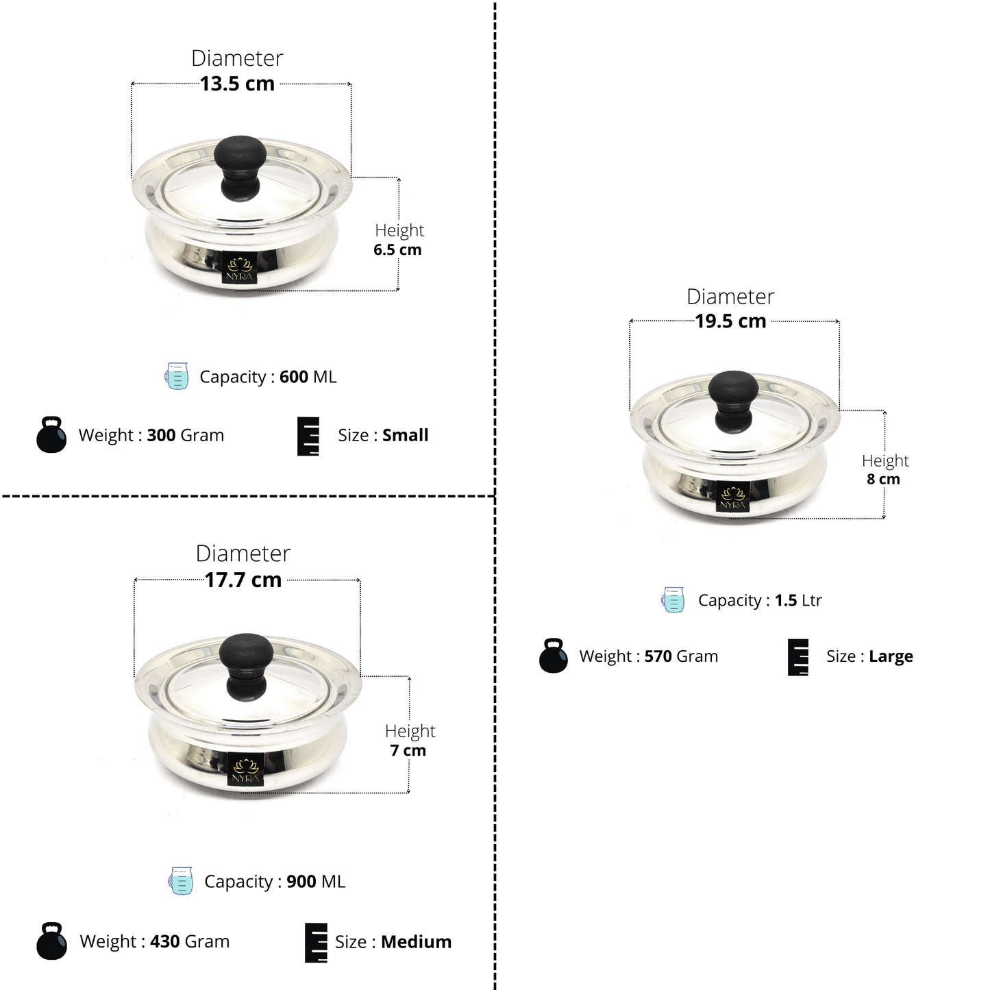 Stainless Steel Biryani Handis with Lid & PVC Knob - Set of 3pcs.