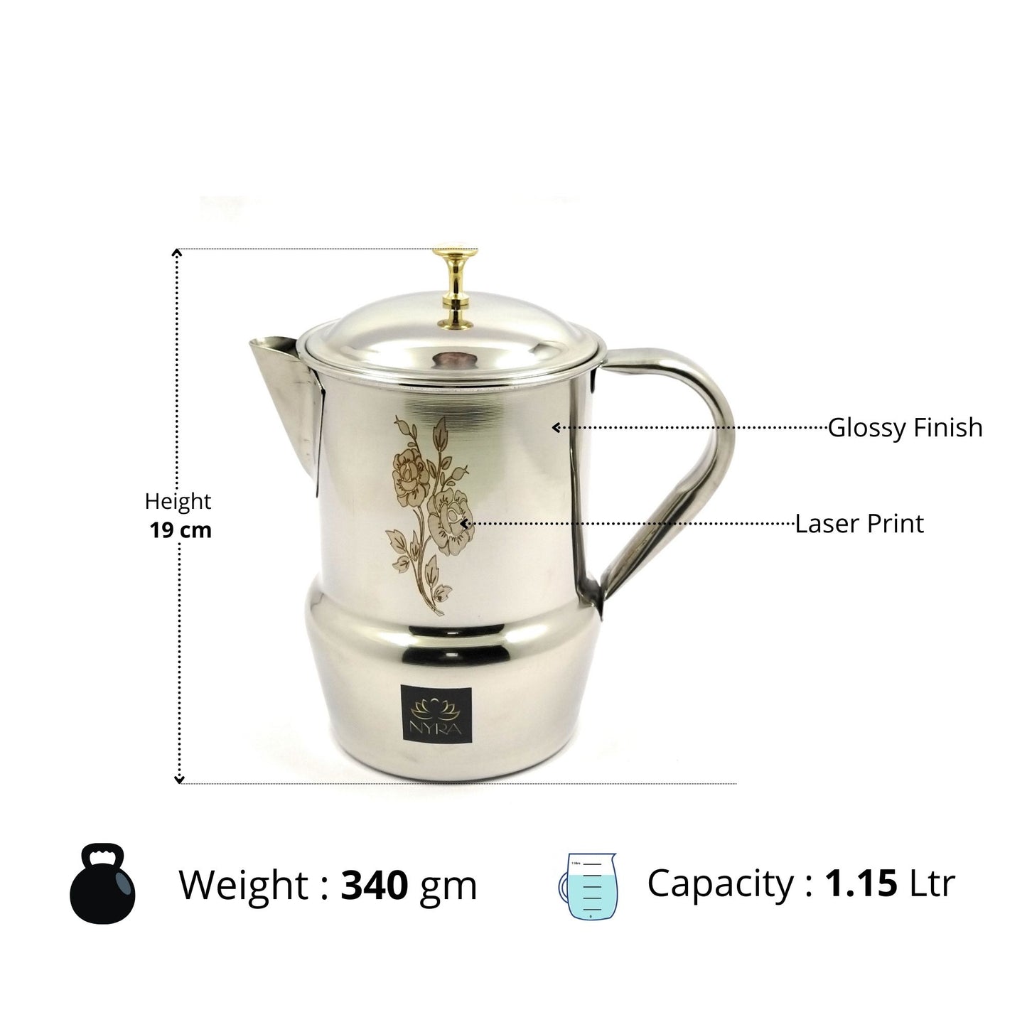 Stainless Steel Tea/Coffee Pot | Lazer Floral Print with Brass Knob