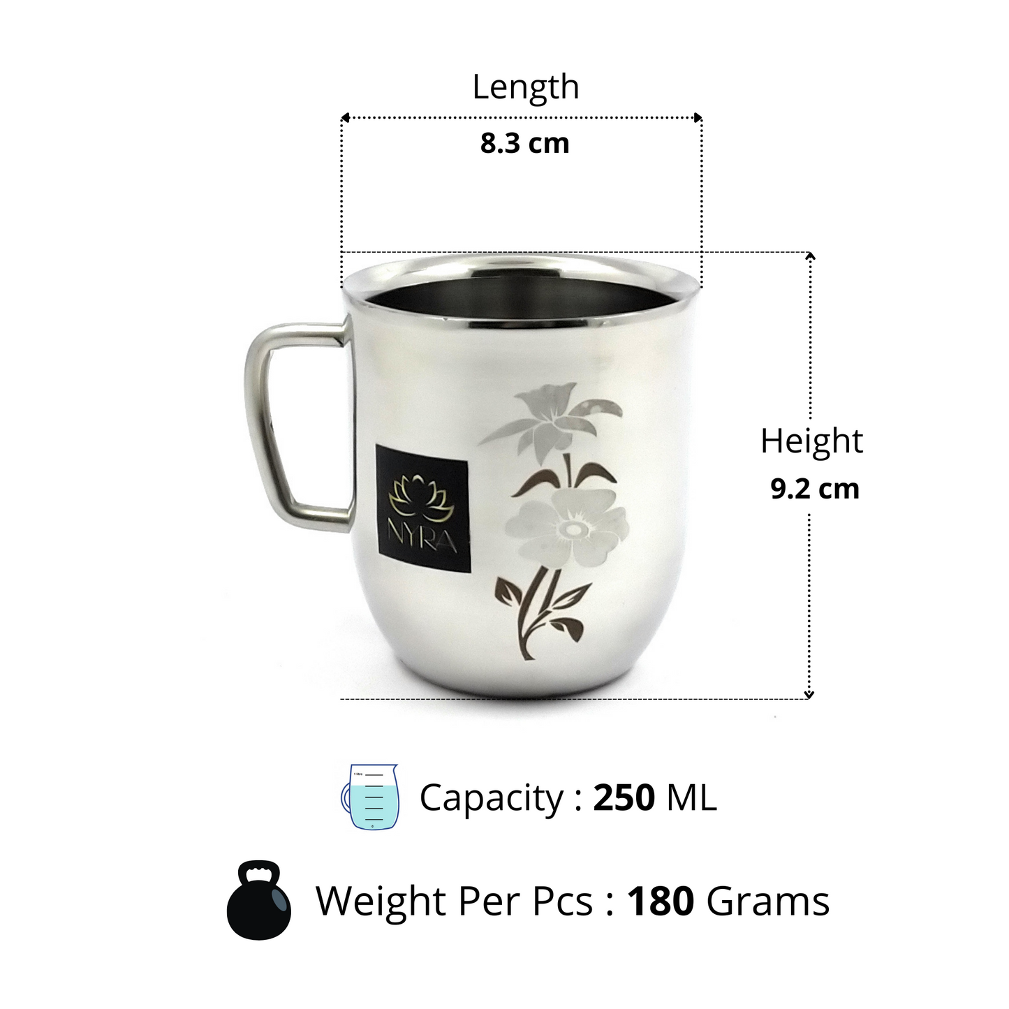 Stainless Steel Glossy Finish Cups with Laser Print & Riveted Handles - Set of 2