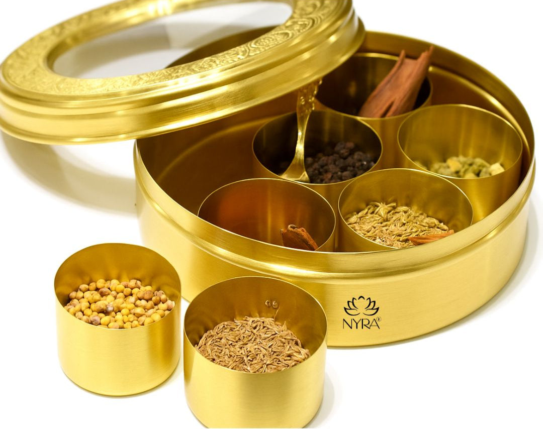 Brass Spice Box with see-through lid | Eco-Friendly & Handcrafted Masala Dabba with 7 Compartments - Traditional Kitchen Essential