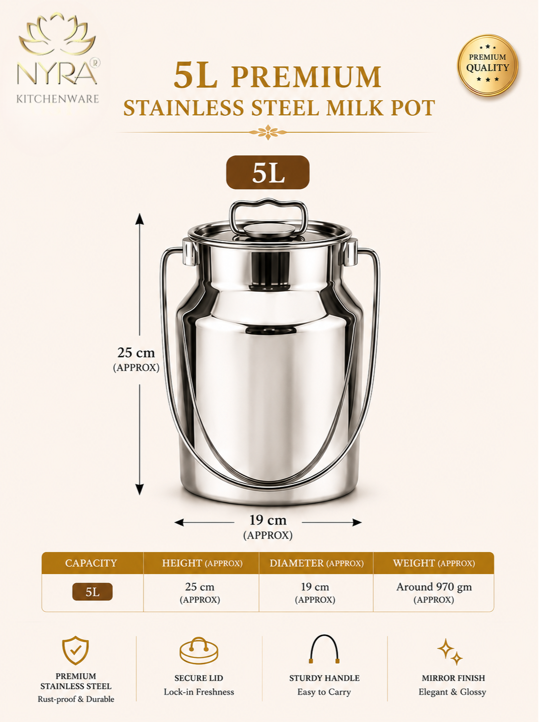 Premium Stainless Steel Milk & Oil Container with Lid – Durable Storage Solution - 6 Sizes