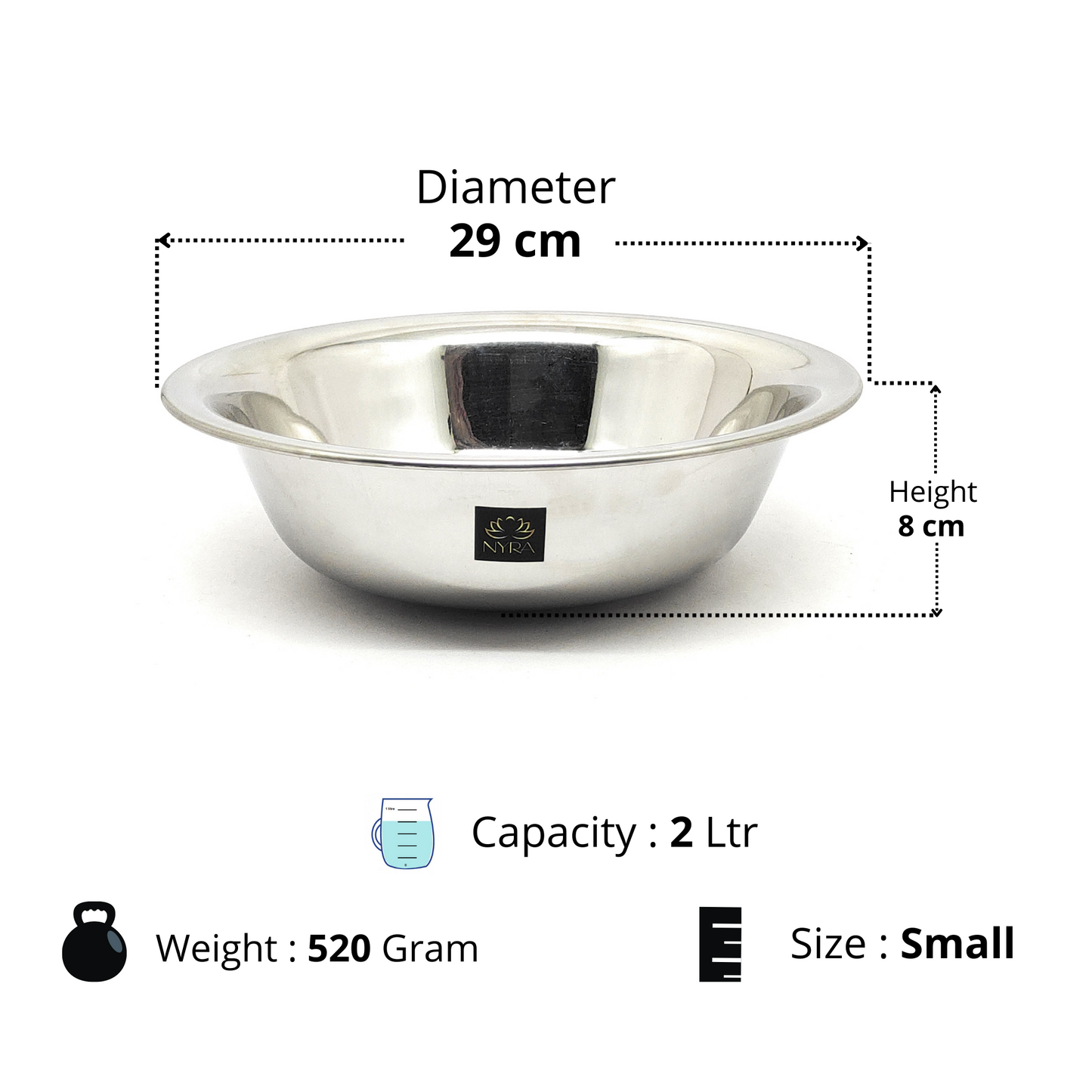 Dimensions of small Stainless Steel Modern Plain Multipurpose Mixing Bowl