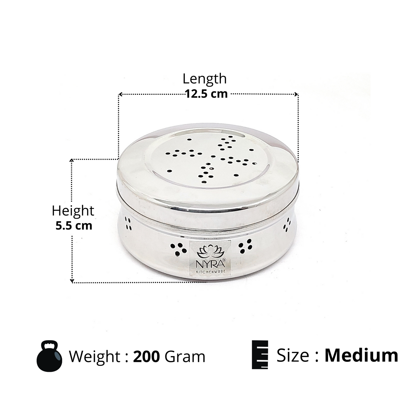 Dimensions of medium Stainless Steel Round-Shaped Dhaniya/Coriander Box