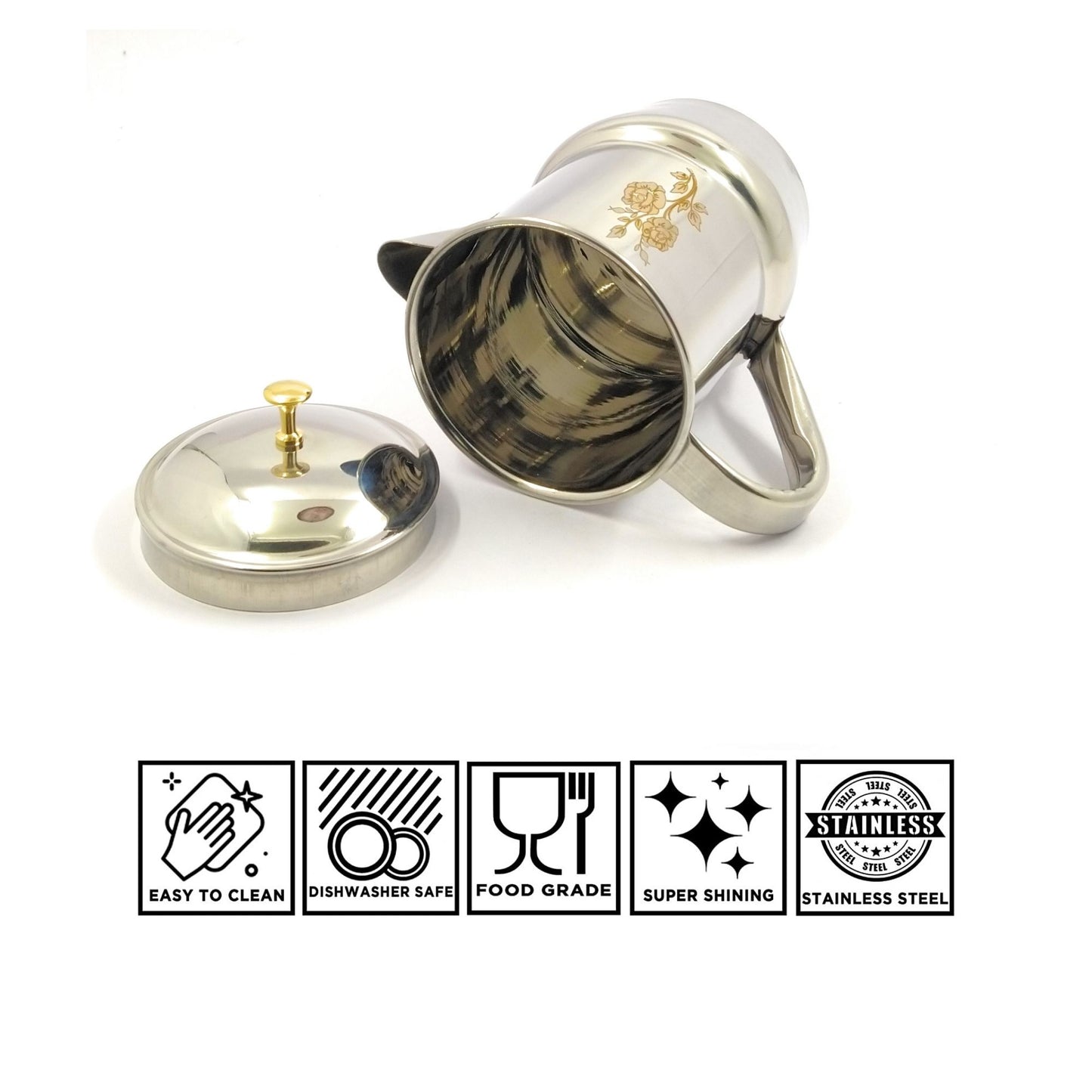 Stainless Steel Tea/Coffee Pot | Lazer Floral Print with Brass Knob