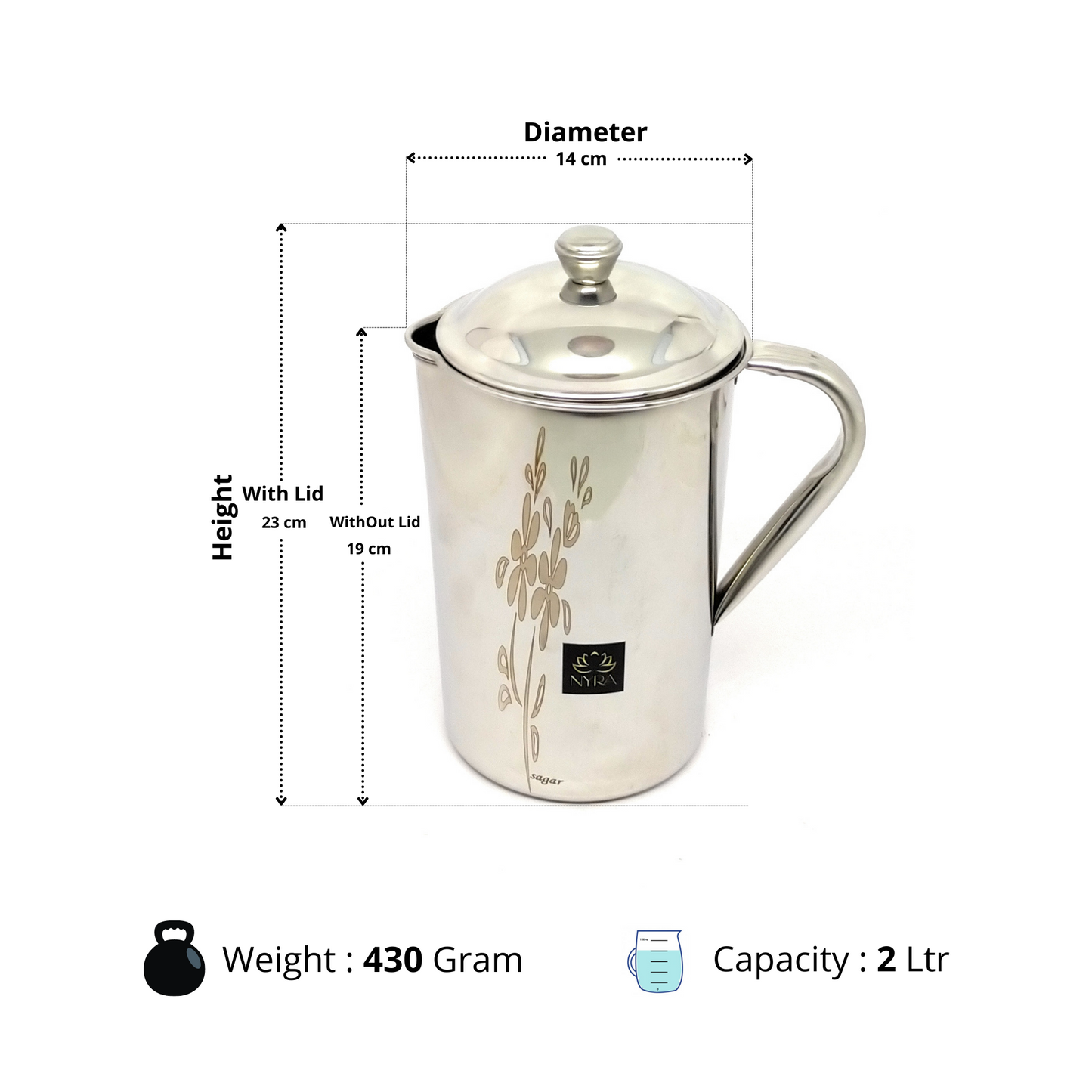 Stainless Steel Laser Printed Jug with Sturdy Handle and Lid - 2 LTR Drinkware