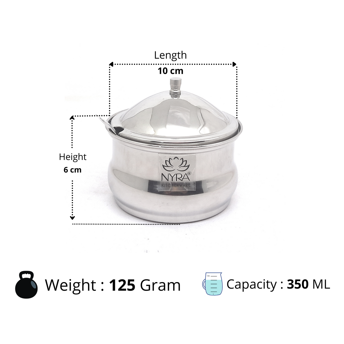 Dimensions of 350ml Stainless Steel Ghee Pot With Spoon