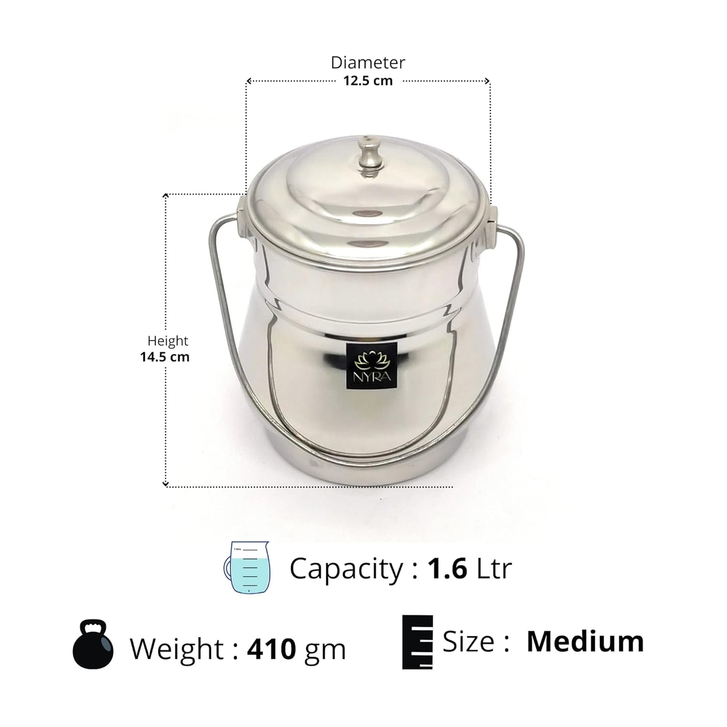 Stainless Steel Milk Pot/Container with lid | Flat Bottom dolchi for Milk - 4 sizes