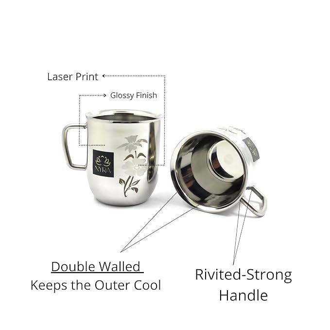 Stainless Steel Glossy Finish Cups with Laser Print & Riveted Handles - Set of 2
