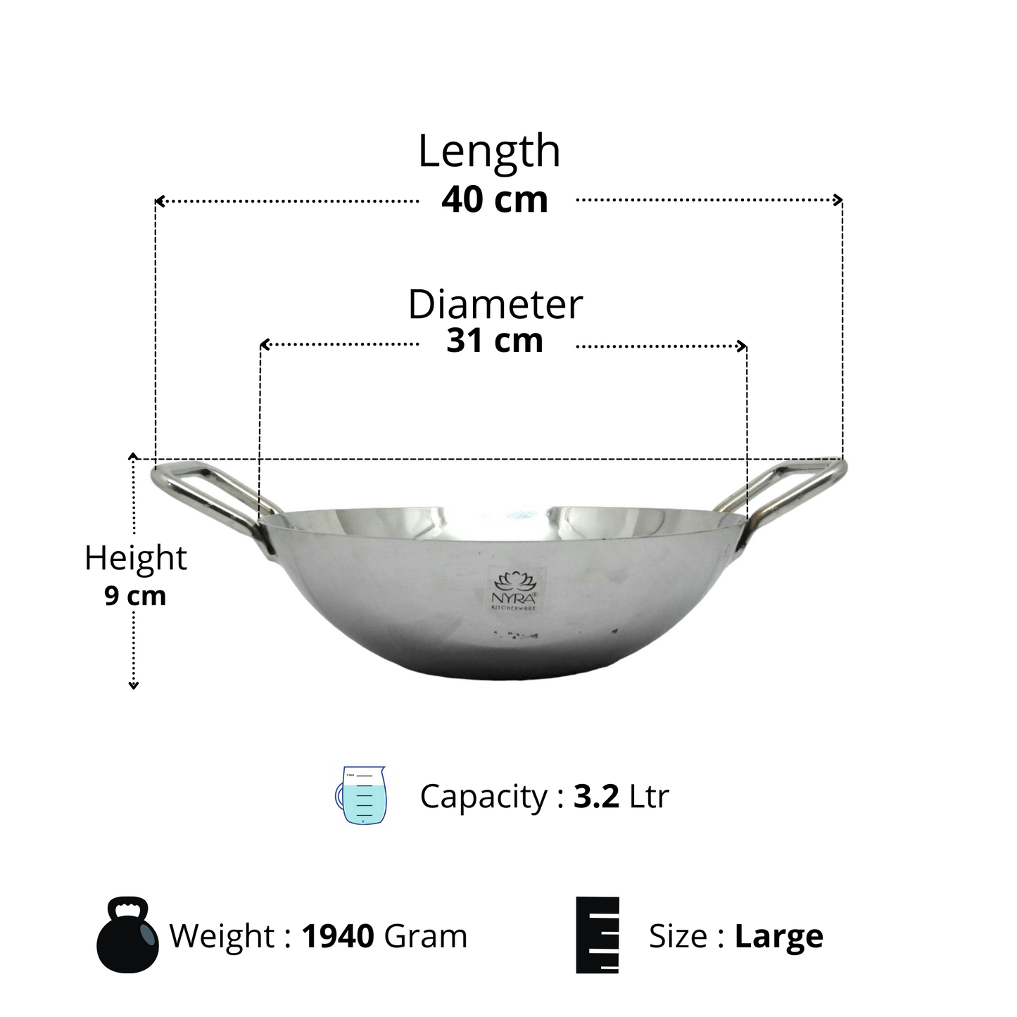 Dimensions of large Stainless Steel Induction Bottom Kadhai