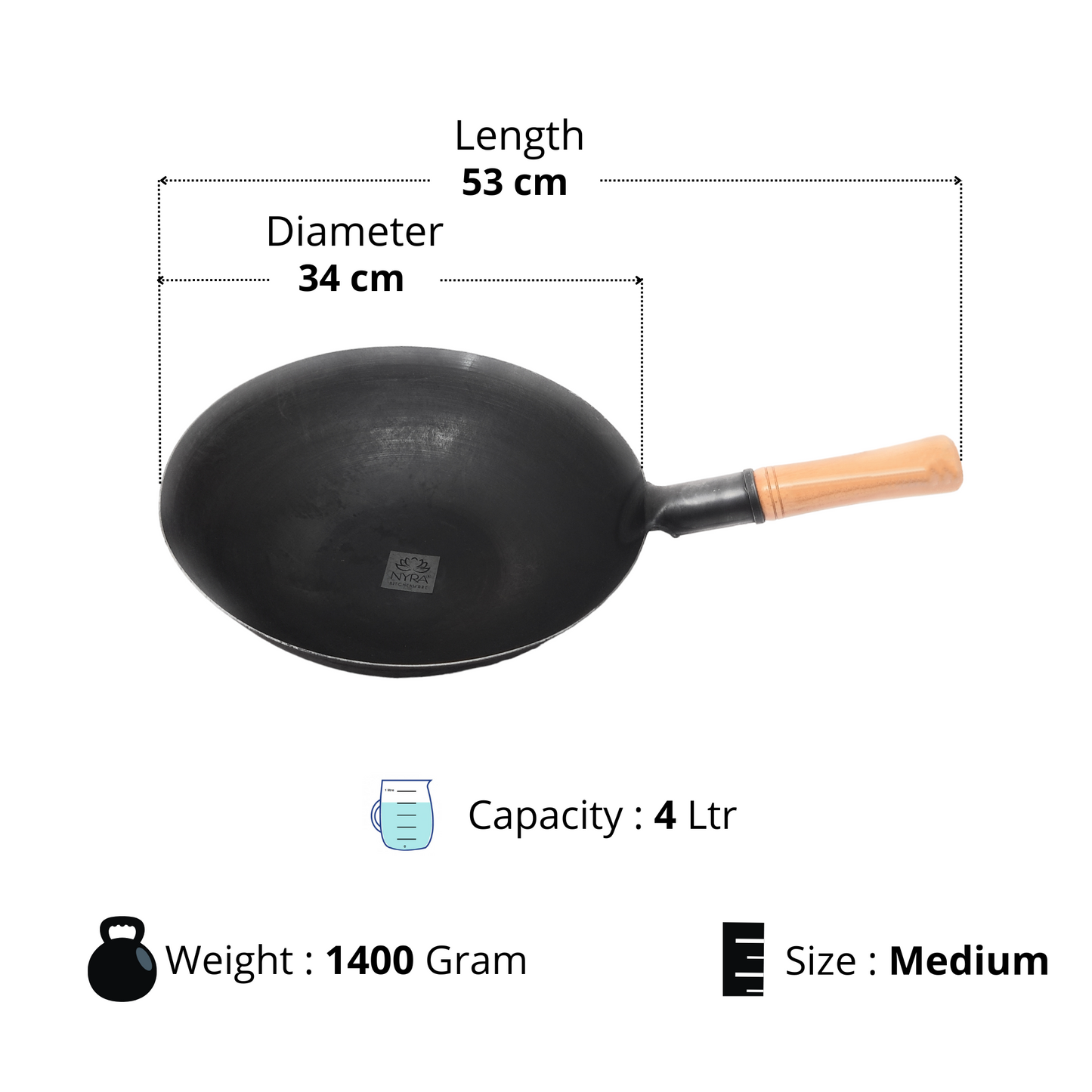 dimensions of medium Loha Kadhai (Iron Wok) with Wooden Handle