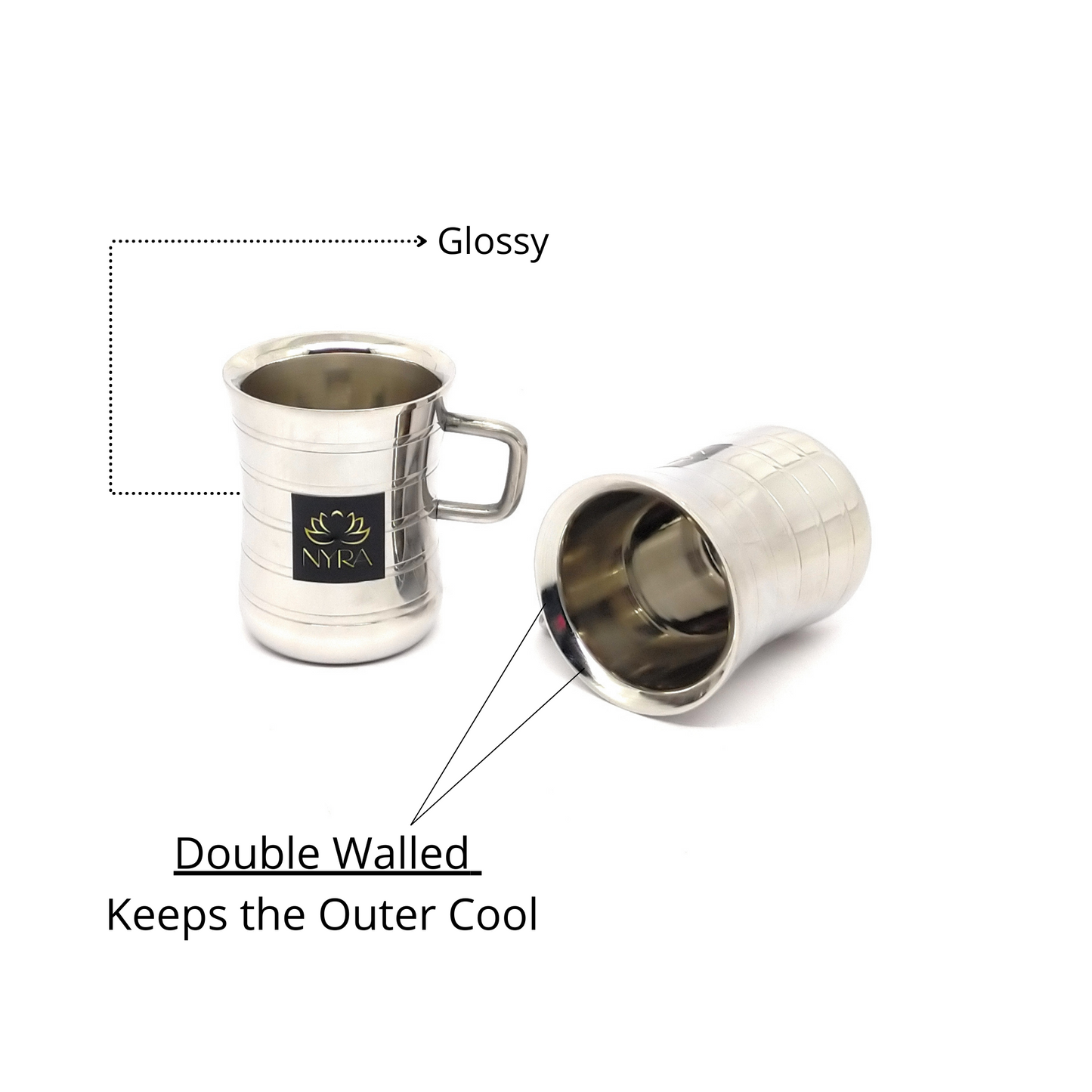 Stainless Steel Double-Walled Tea/Coffee Mug Set – Insulated/Elegant Design/Glossy Finish Cups