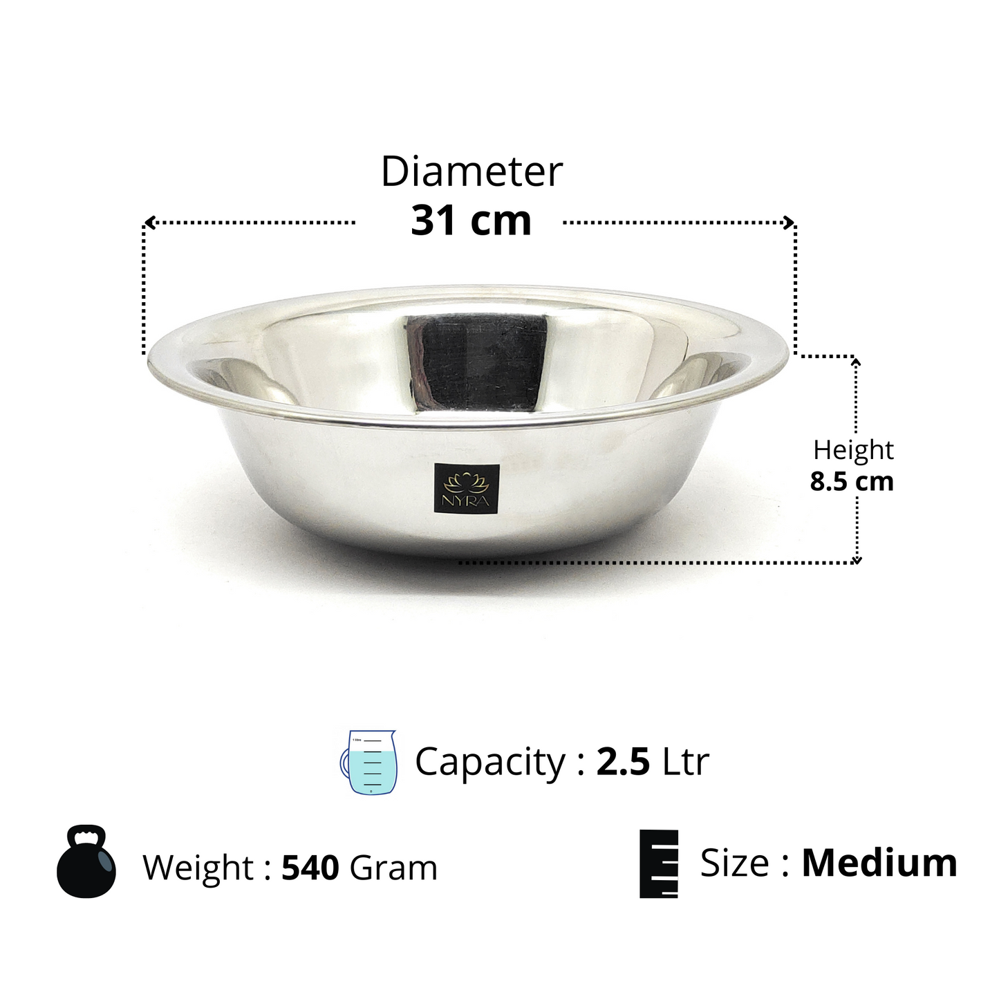 Dimensions of Medium size Stainless Steel Modern Plain Multipurpose Mixing Bowl