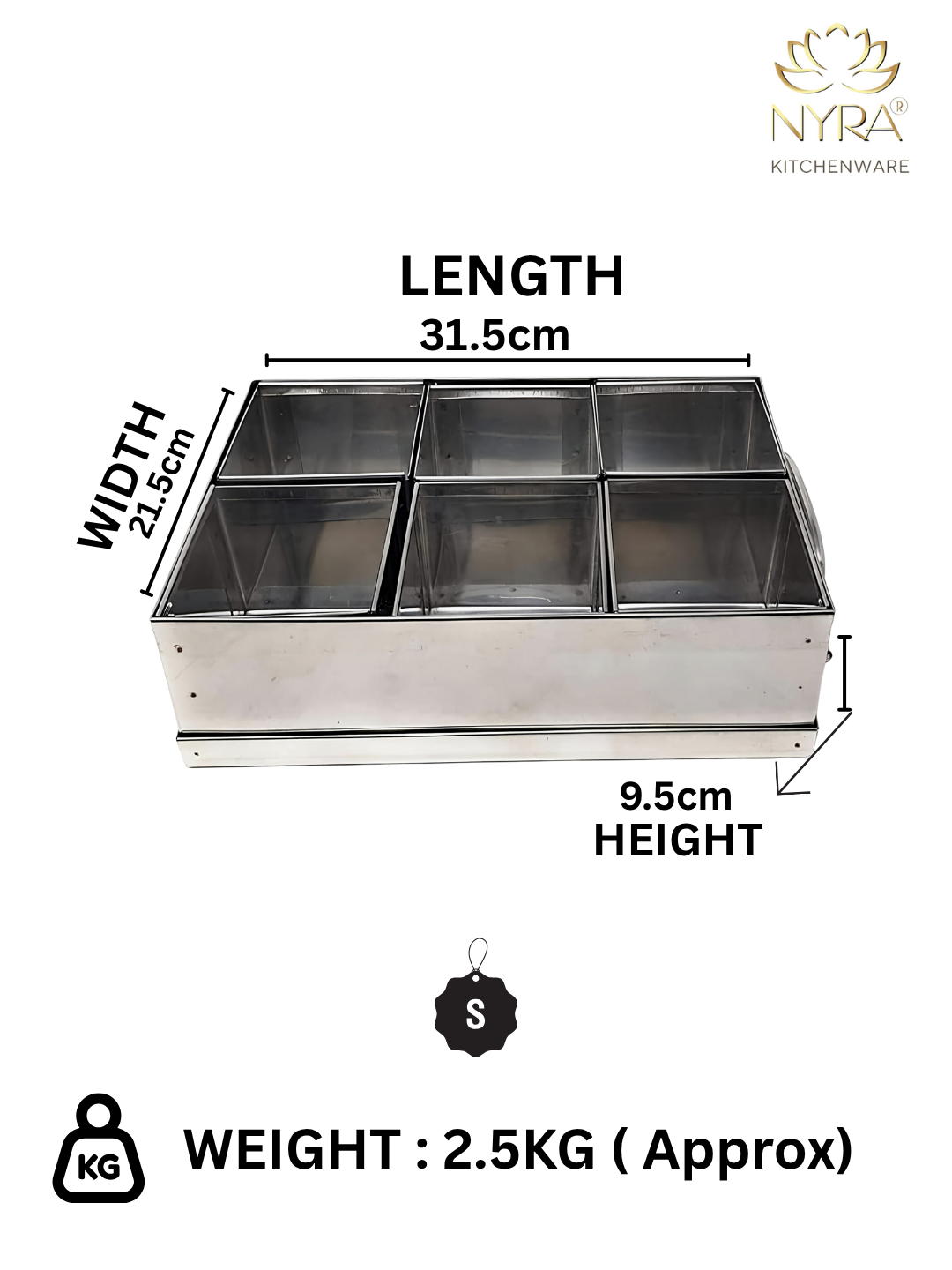 Stainless steel tray with dimensions and weight information on a white background, branded as Nyra Kitchenware.
