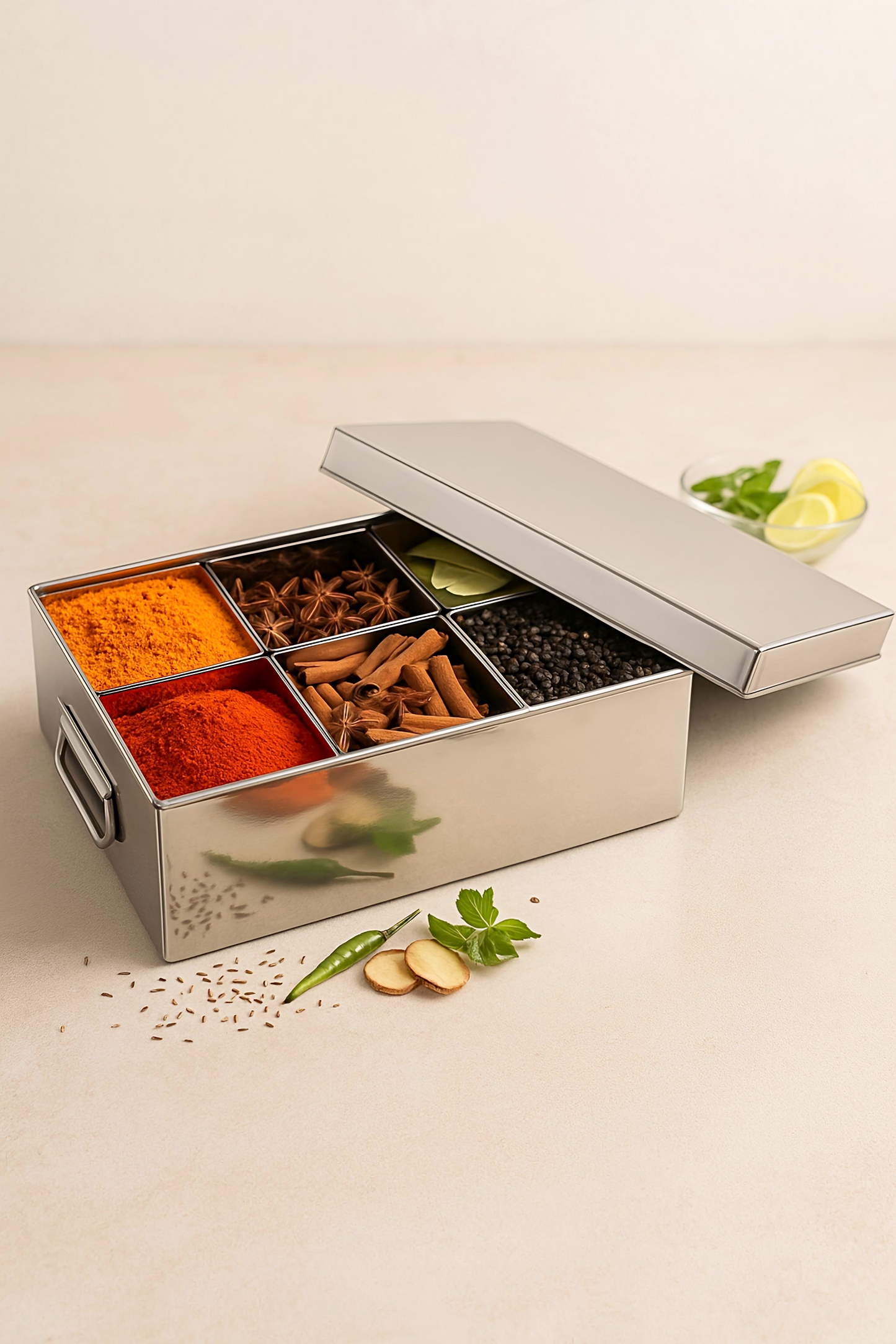 Spice container with compartments filled with various spices on a light beige background