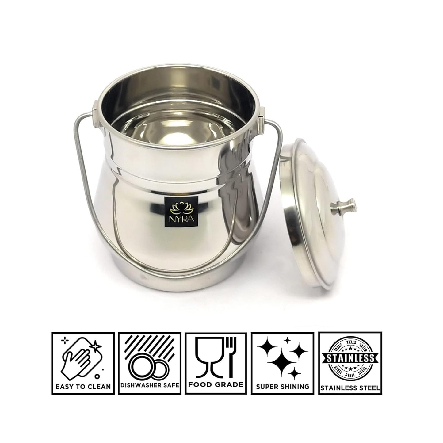 Stainless Steel Milk Pot/Container with lid | Flat Bottom dolchi for Milk - 4 sizes
