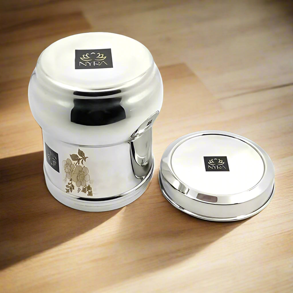Stainless-Steel Belly Shaped Laser Floral Printed Deep Storage Box Containers Dibba