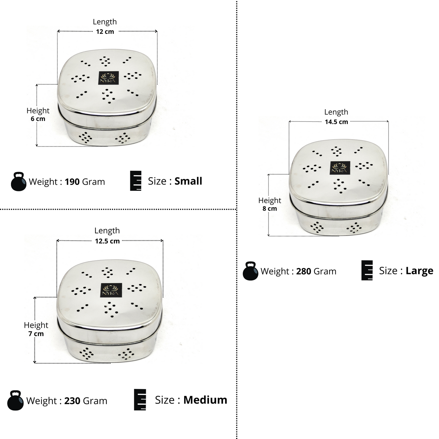 dimensions of different sizes Stainless Steel Square-shaped Coriander/ Multipurpose Storage Container with air ventilations