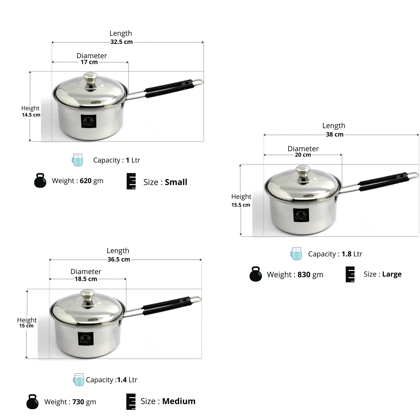 Dimensions of Different sizes of Stainless Steel Saucepan with Lid and PVC Sturdy Handle