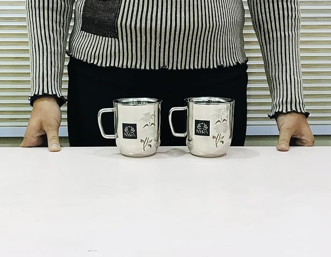 Stainless Steel Glossy Finish Cups with Laser Print & Riveted Handles - Set of 2