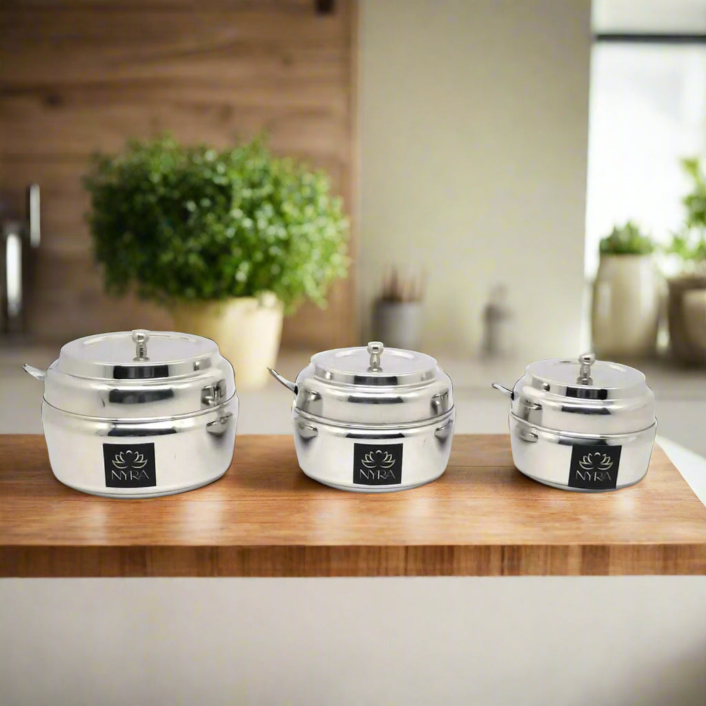 Stainless Steel Ghee Pot & Oil Container | Multipurpose Storage Container with Spoon- 3 Pcs Set