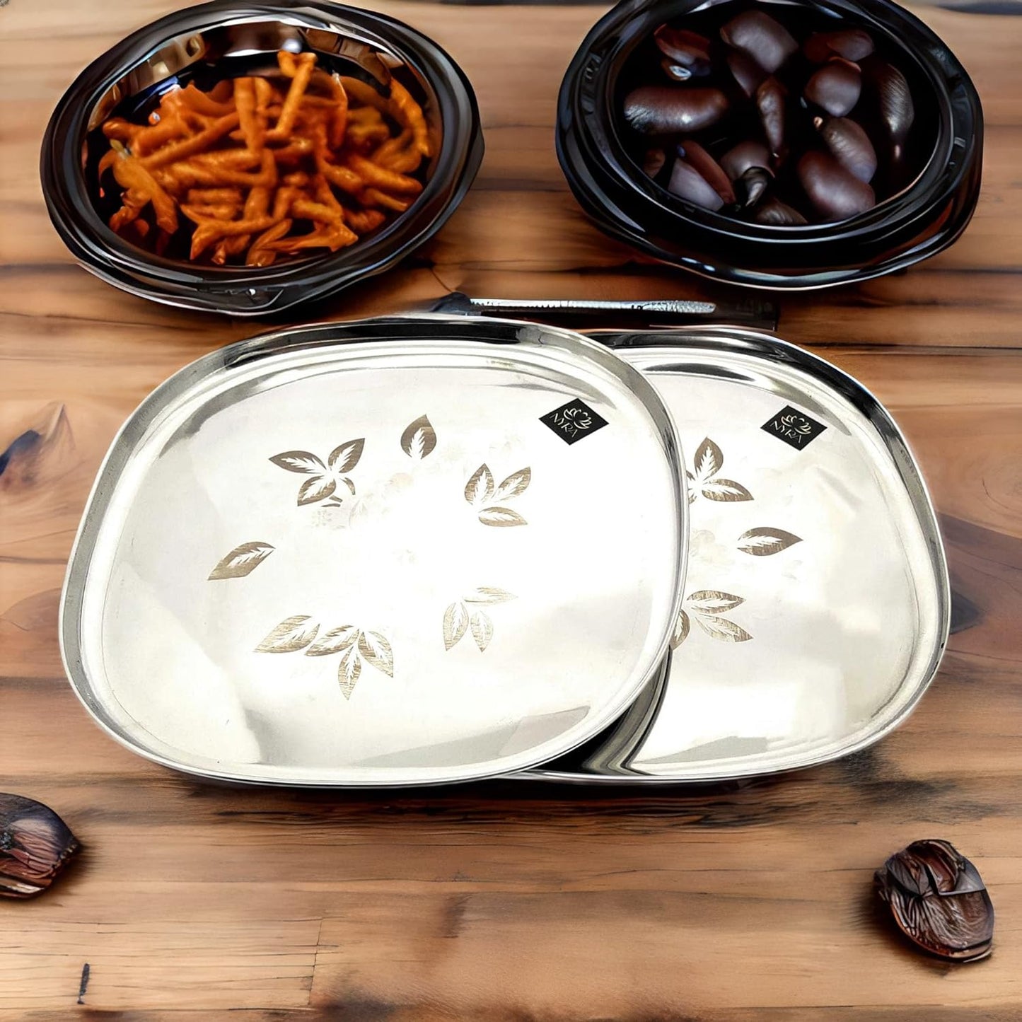 Stainless-Steel Full-Size Lunch/Dinner Plates with Glossy Outer Finish and Laser Print Set