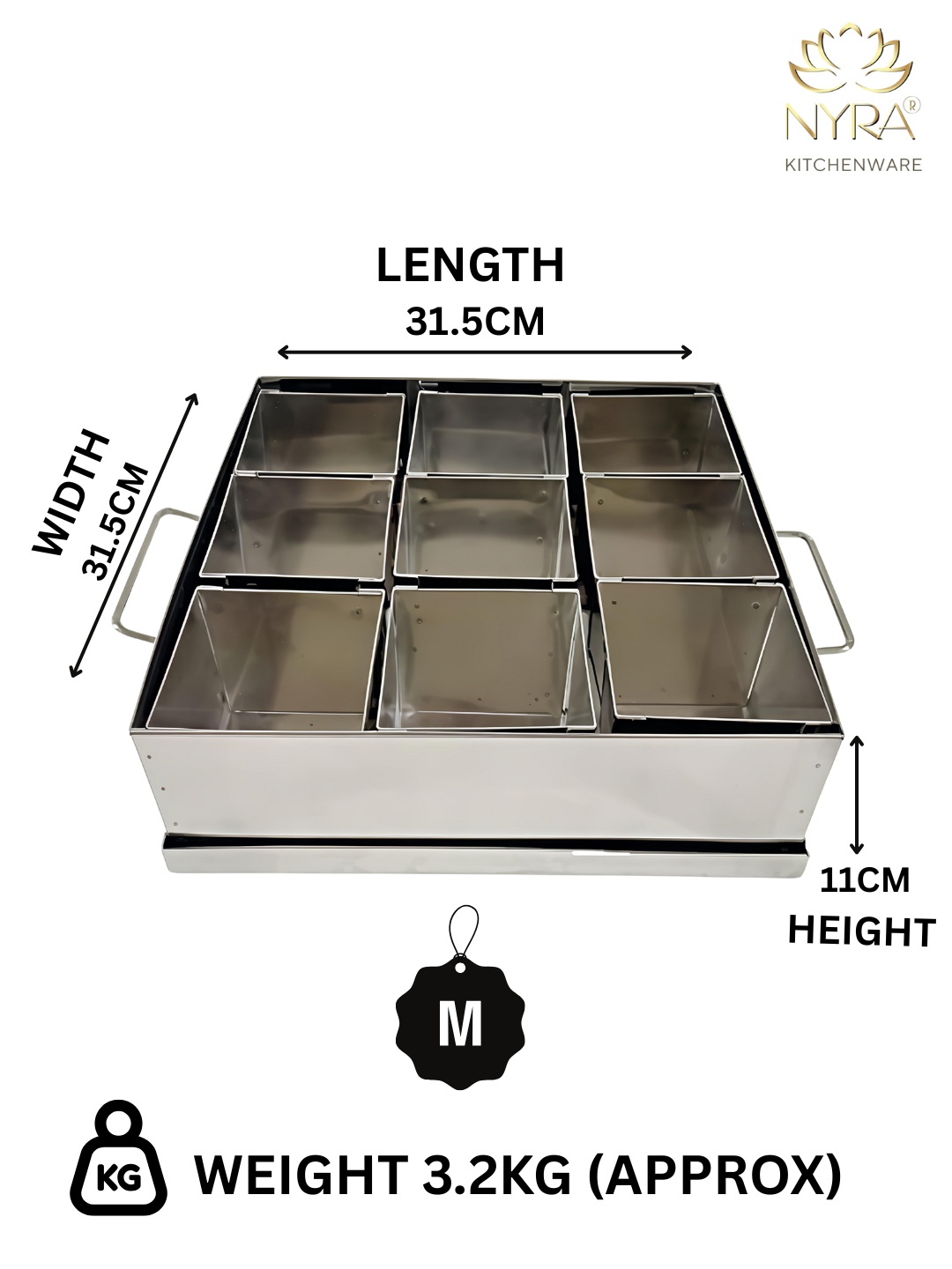 Stainless steel tray with dimensions and weight details on a white background, featuring the Nyra Kitchenware logo.