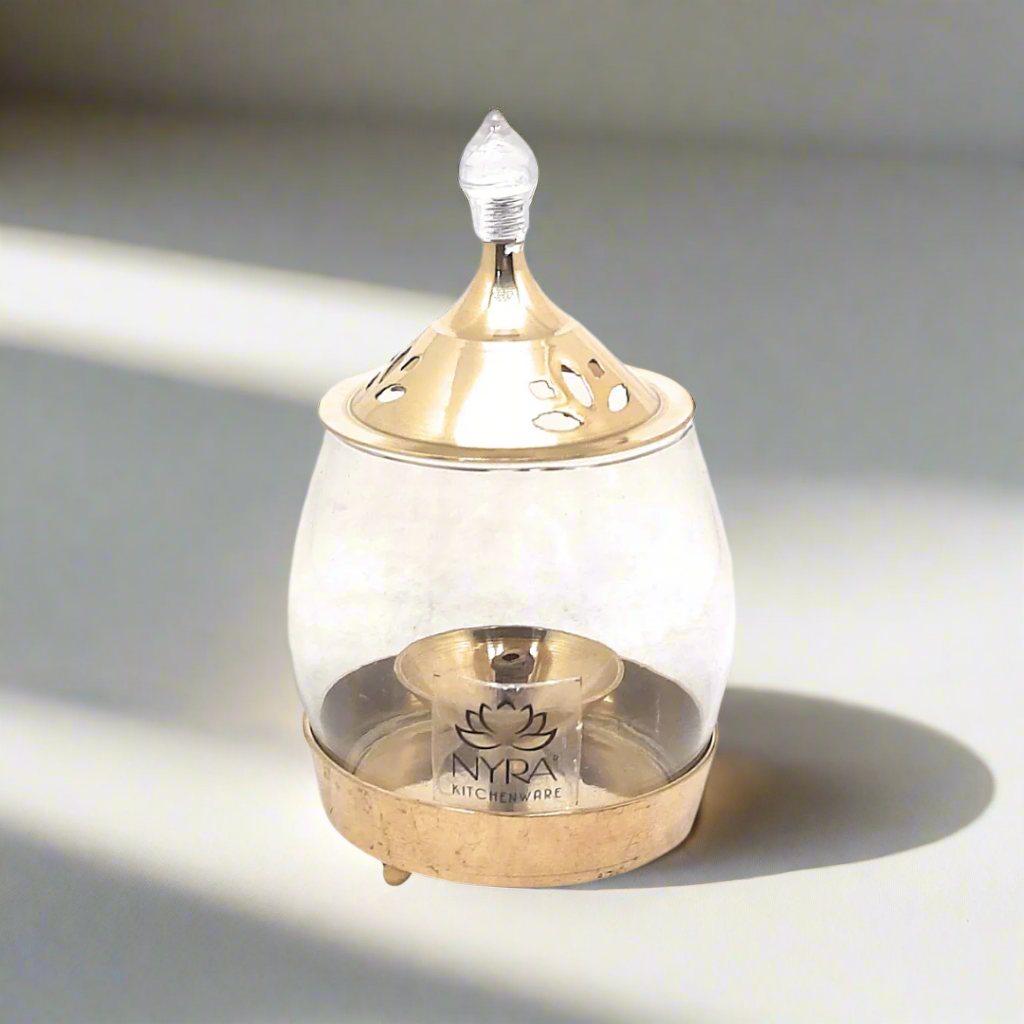 Brass Traditional Diya Stand with Clear Fiberglass Cover/Borosilicate Glass