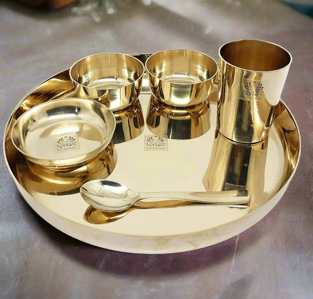 Set of Kansa thali containg spoon , glass, Three katori