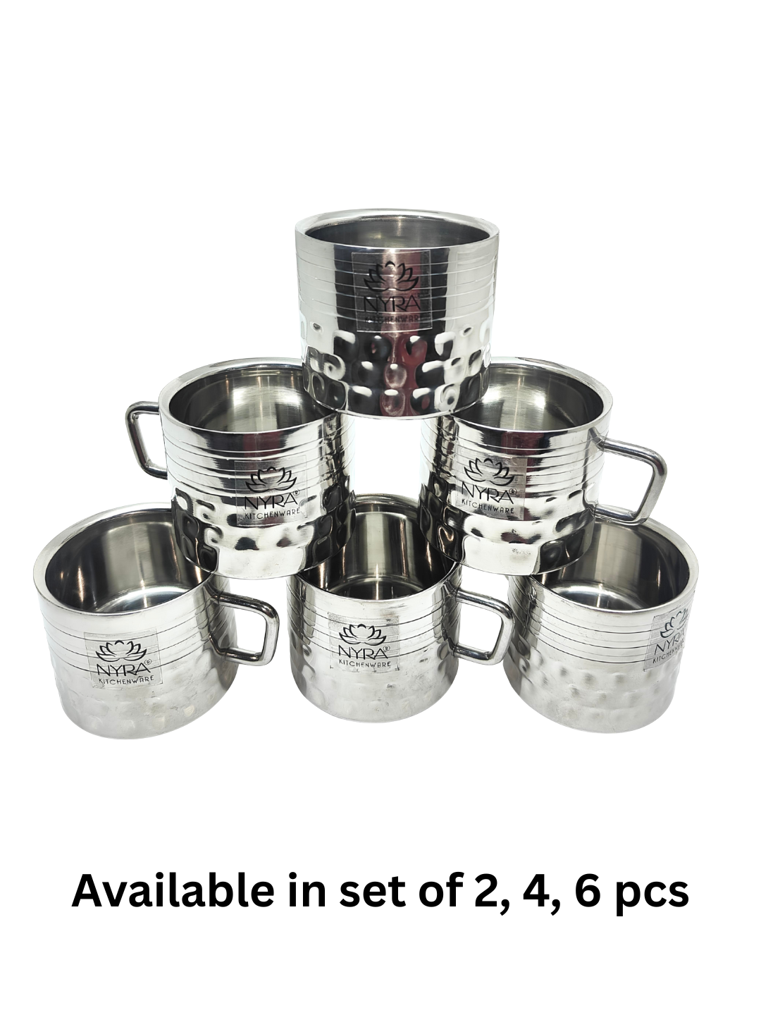 Set of silver metal cups with 'Ninra' branding on a white background