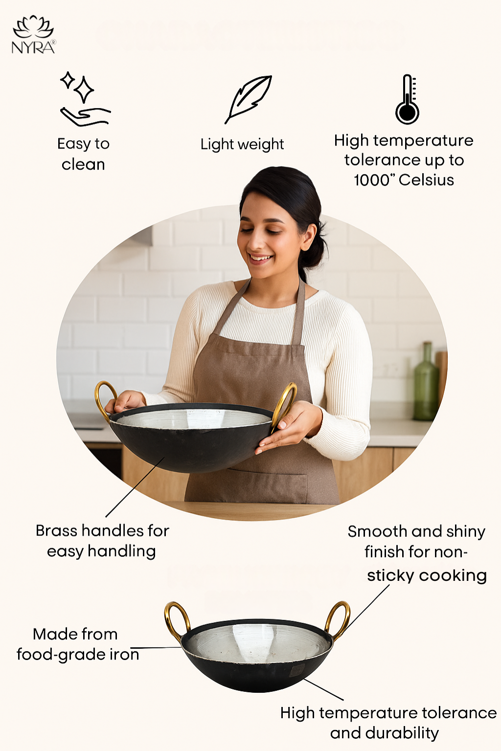 Woman holding a wok with features listed on a white background