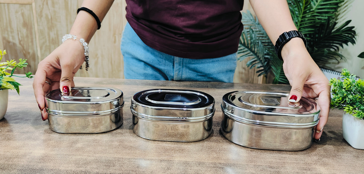 Nyra® Capsule Shaped Multi-Purpose Stainless Steel Food Storage Container | Tiffin, Flat Canister, Dibba | Airtight & Glossy Finish - Available in 3 sizes |