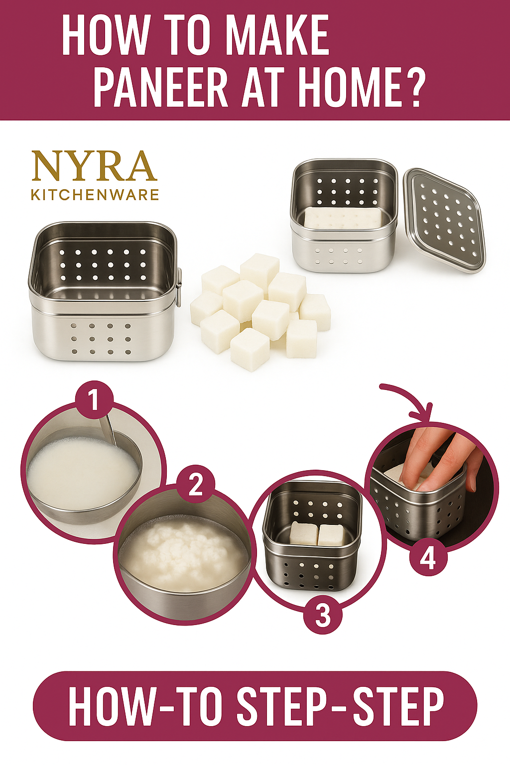Premium Stainless Steel-square Paneer Maker | Mould & Strainer with Top Press Lid for Homemade Paneer