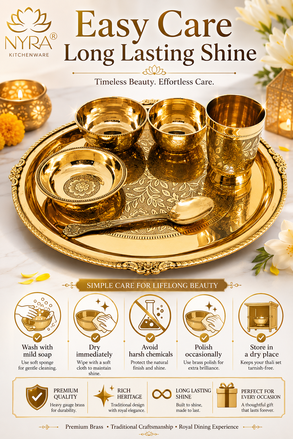 Traditional Brass Dinner Thali Set | Peetal Embossed Floral Design Set