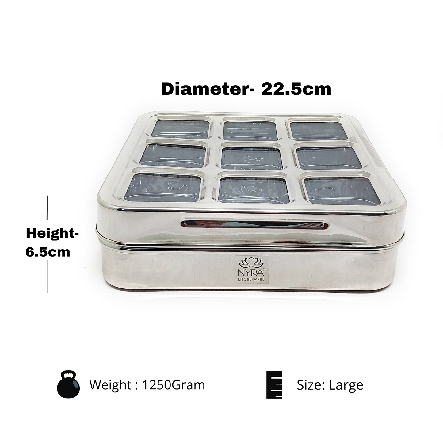 Stainless Steel 9 Compartment Dry fruit/Spice Box | Square-shaped Multipurpose Box | Kitchen Organiser with See-Through Lid