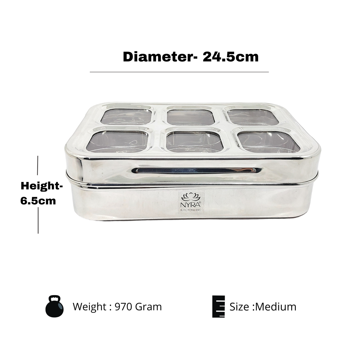 Dimensions of medium Stainless Steel 6 Compartment Dry Fruit/Spice Box