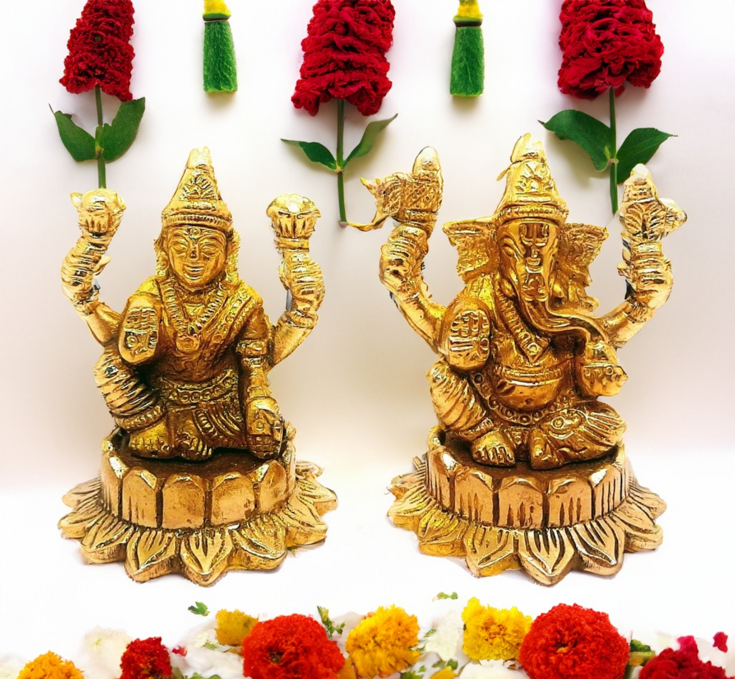 Brass Laxmi Ganesha Idol | Sitting Lakshmi Ganesh Murti Peetal Statue
