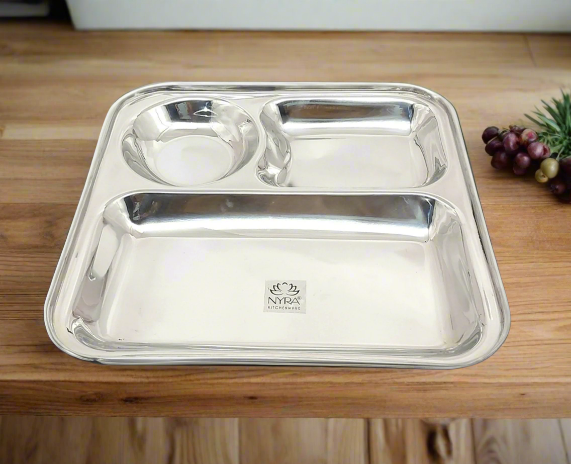 Stainless Steel Classy 3 in 1 Dinner Plate | Three Compartment Rectangular Plate for Snacks | Traditional Chhole Bhathure Bhojan Thali |