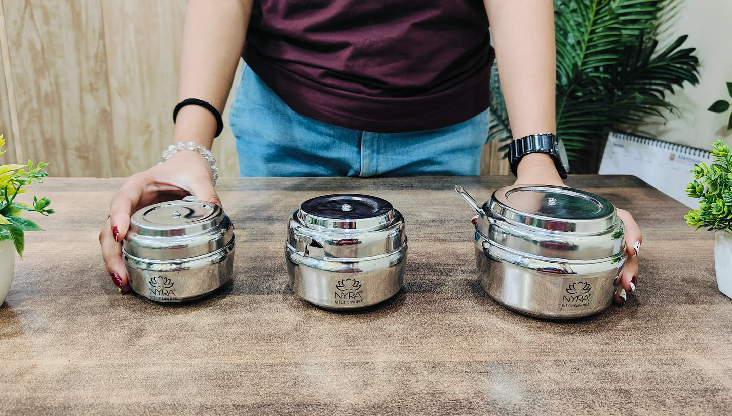 Stainless Steel Ghee Pot & Oil Container | Multipurpose Storage Container with Spoon- 3 Pcs Set