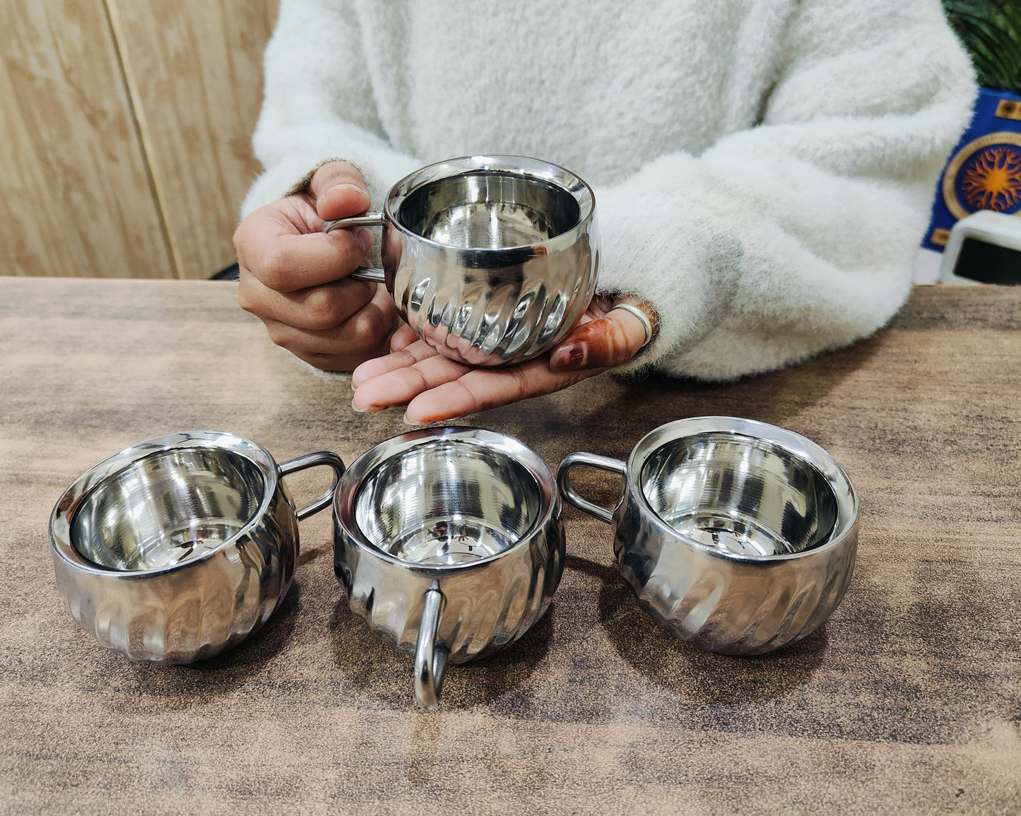 Stainless Steel Floral Design Tea Cup | Elegant Mirror Finish Cup Set