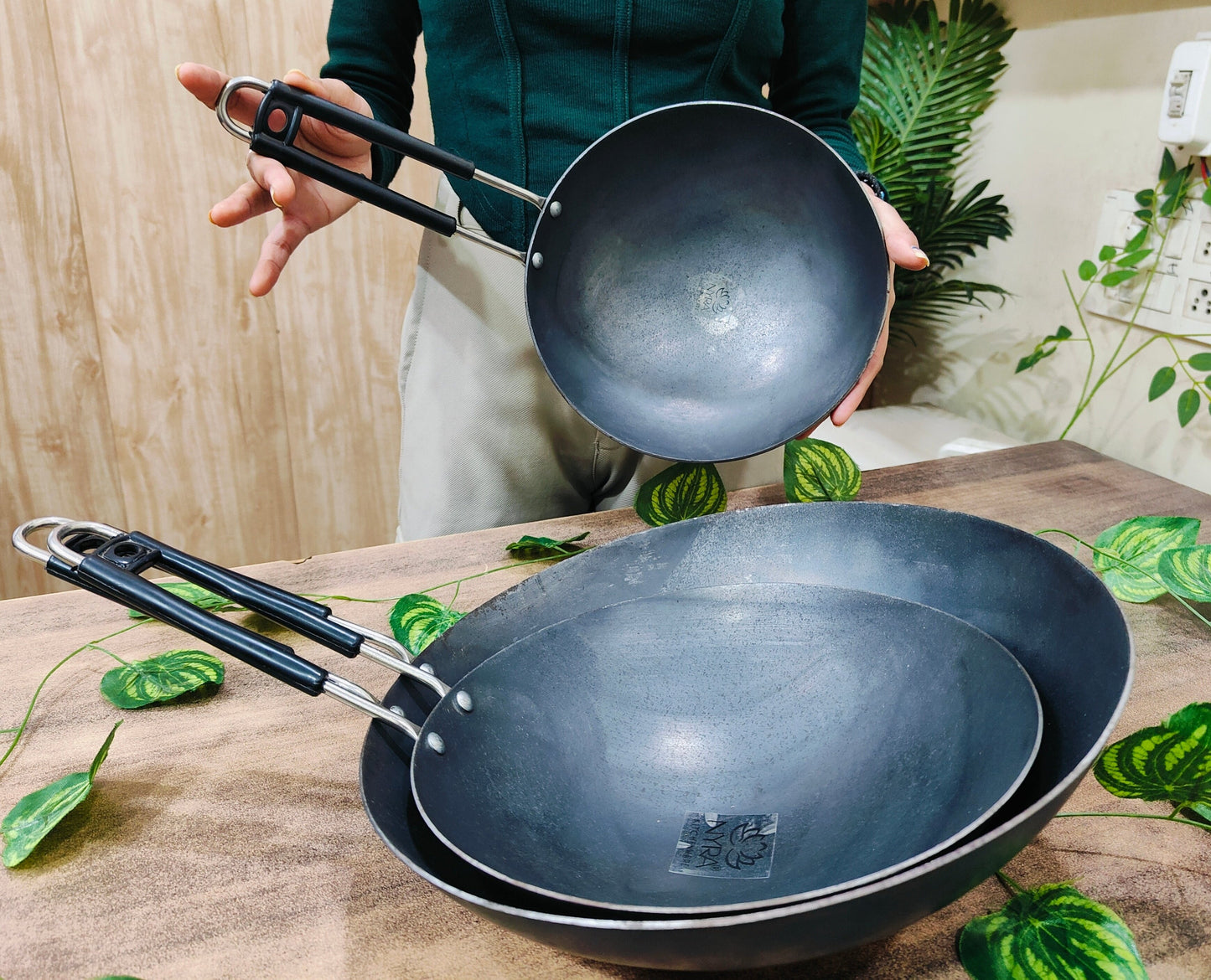 Iron Chinese Wok with Steel PVC Handle | Gas Stove Friendly Loha Kadhai - for Stir & Deep Frying