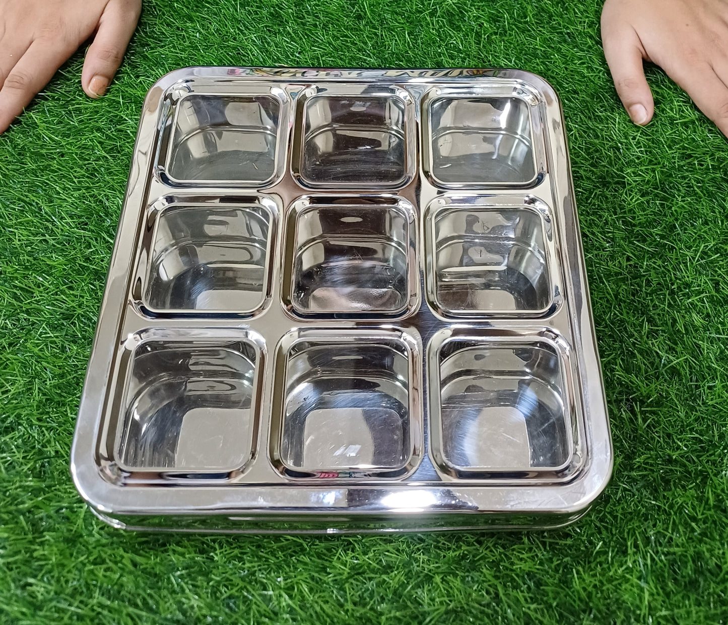 Stainless Steel 9 Compartment Dry fruit/Spice Box | Square-shaped Multipurpose Box | Kitchen Organiser with See-Through Lid