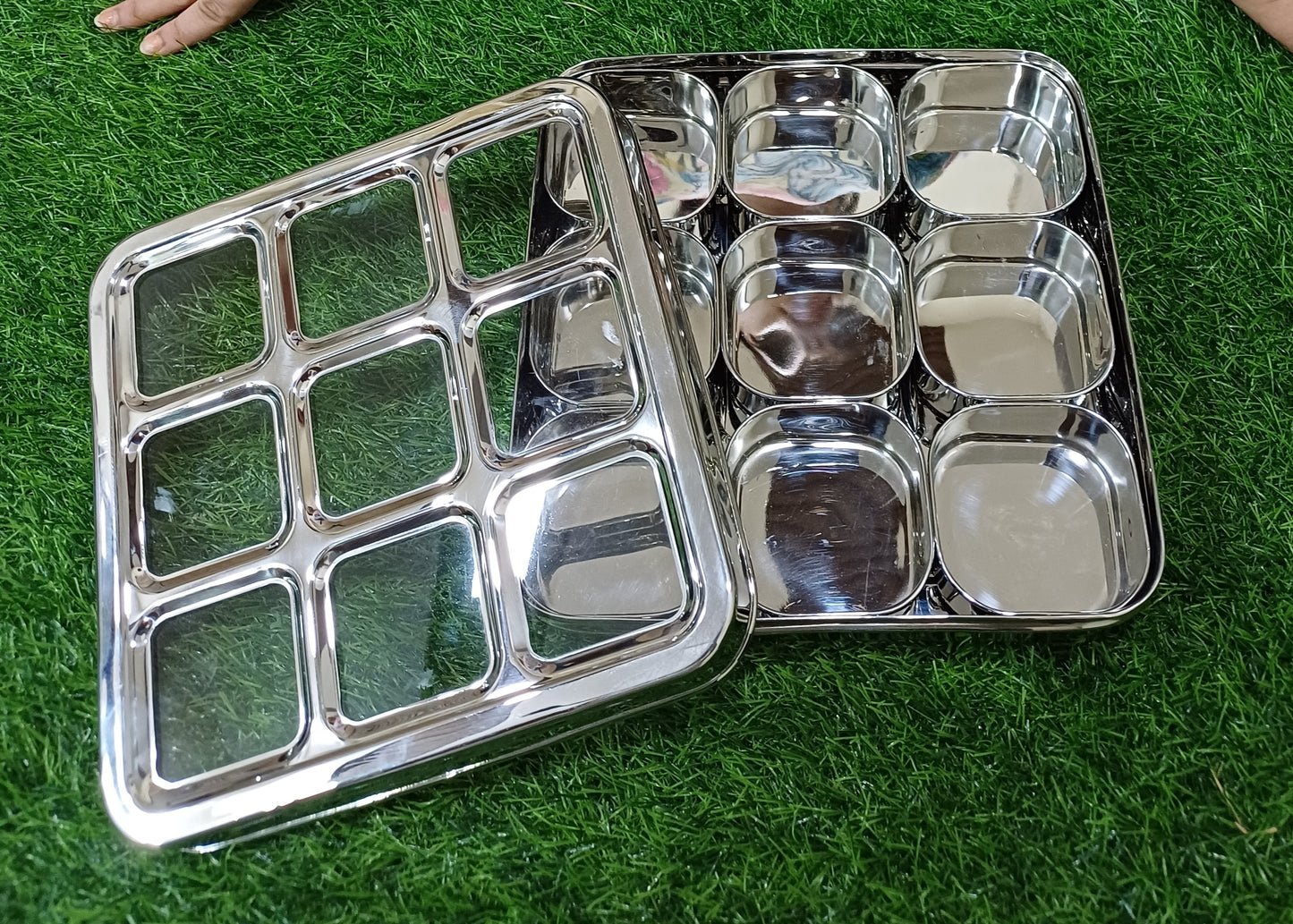 Stainless Steel 9 Compartment Dry fruit/Spice Box | Square-shaped Multipurpose Box | Kitchen Organiser with See-Through Lid