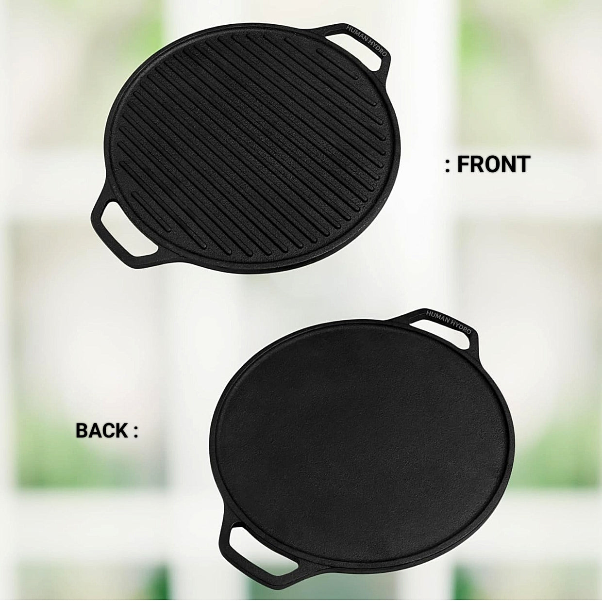 both side view of 2 in 1 Cast Iron Dosa Tawa & Grill