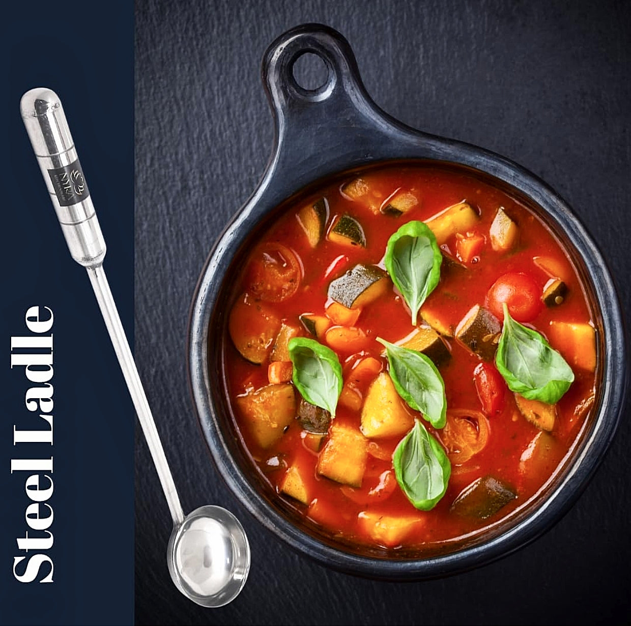 Stainless Steel Long Handle Ladle with pot filled with curry