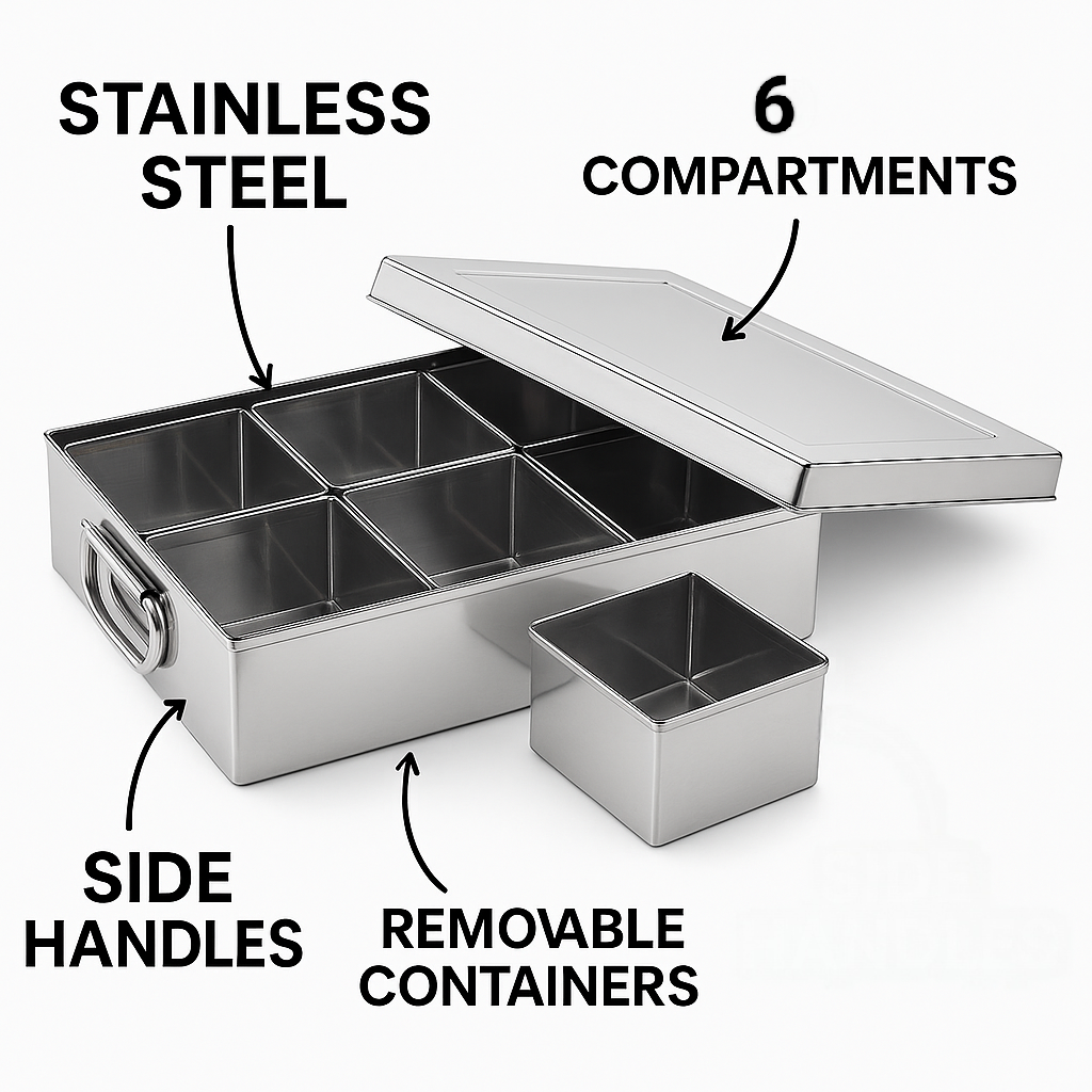 Stainless steel compartmentalized container with features highlighted on a white background